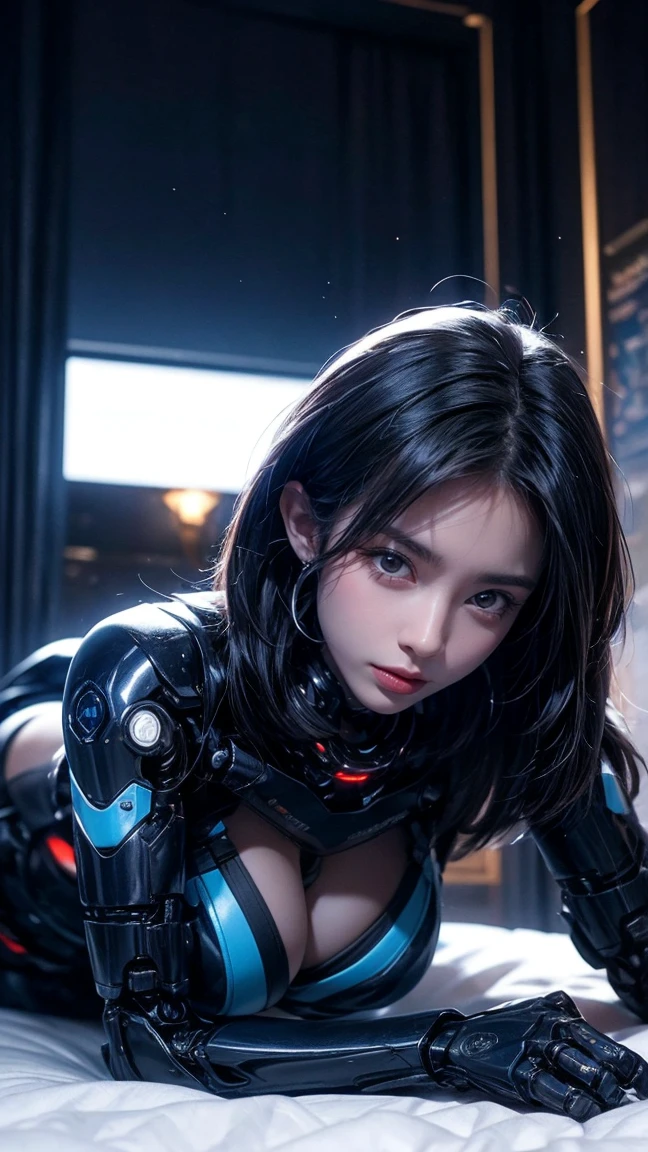 photorealistic, high resolution, soft light,1 girl , solo, crawl pose, (detailed face), black bang hair, bang hair, plumpy body, cleavage, narutal big breast, (suit colors based on dark blue white black), (bed background), cybersamurai, cyborg at leg and arm, naked body, cyberpunk, crawling, glowing, on the bed, with mecha