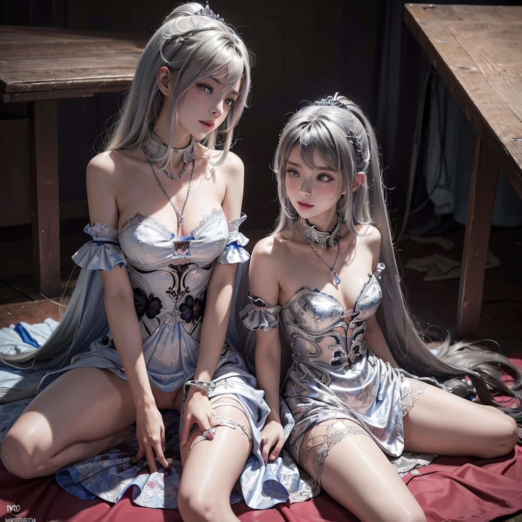 (msterpiece:1.3), (8k, RAW photo, best quality: 1.4), beautiful face, beautiful hairstyle, beautiful detailed eyes, beautiful skin, absurdres, attractive, ultra high res, highly detailed,NSFW, 2 girls in abandoned underground basement,vagina close up,necklace,arms behind back,evil smile, ultra detailed skin,Heavy makeup, flower hairpin,colorful patterned lace dress, dirty ground,on bed,bondage, exposed pussy,long straight hair,blood, vagina spurting blood,slim legs,kiana kaslana,