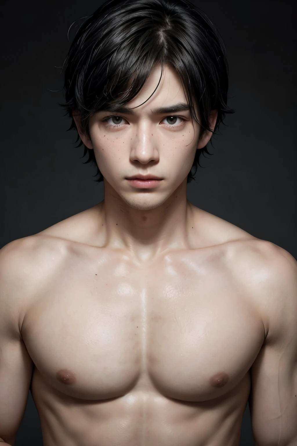 A serious chest-up front man with black hair, skin a little clear, with freckles and a slightly anime style