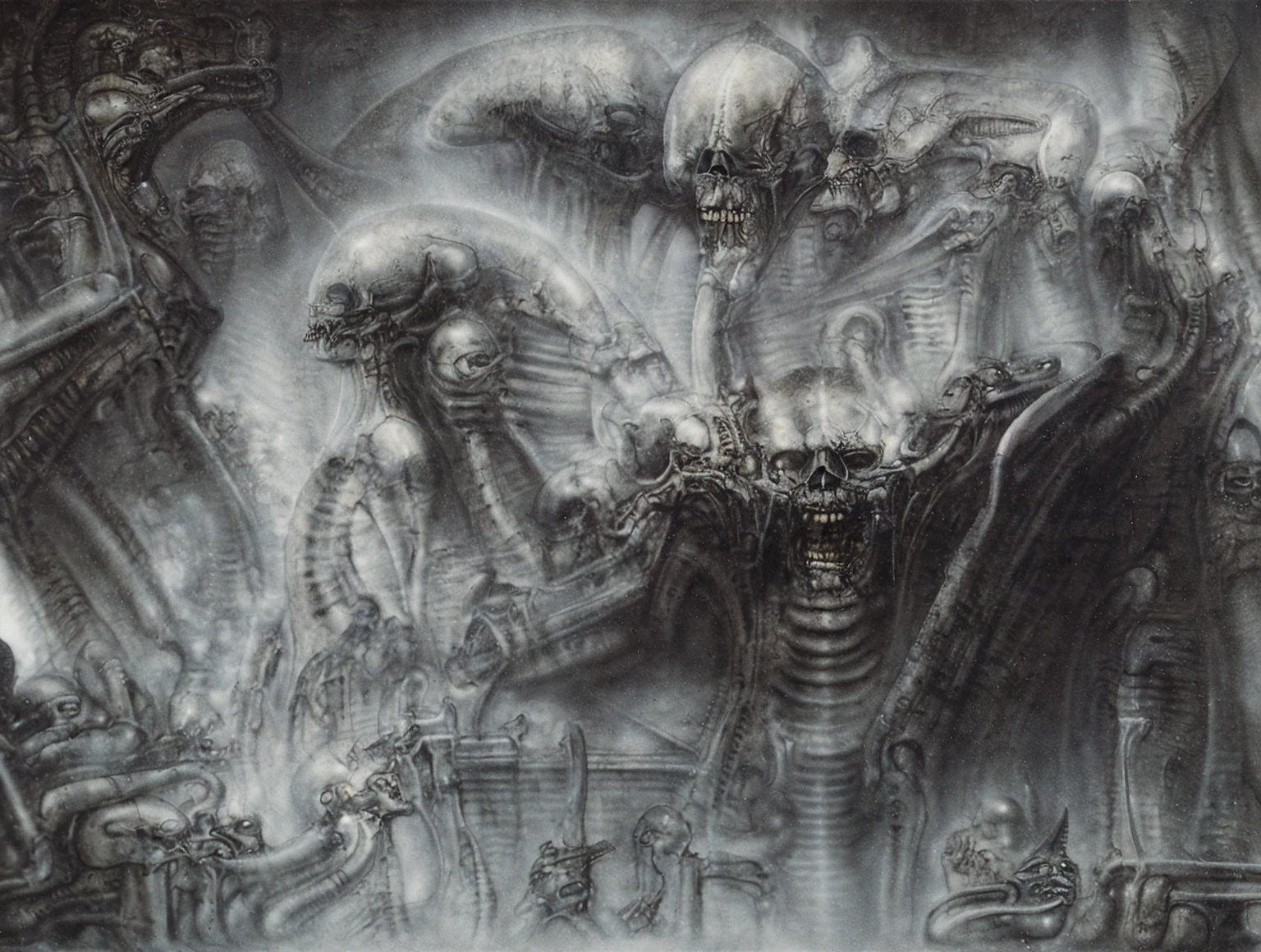 The image is a detailed view of H.R. Giger's biomechanical tableau \" Landscape XVI \" plate, featuring.
(airbrush painting, Giger's alien in front of broken alien ship in landscape, natural light, sharp focus, illustration, highly detailed, digital painting, concept art, matte, art by gric and kozhanov and moebius and Alphonse Mucha, masterpiece, HDR ,UHD , uplight, in HRGigerArhP style);1.
surrealistic painting of a monster with multiple tentacles and a body that looks like a brain, surrounded by a chaotic scene of swirling clouds and other monsters
 It's a complex network of bones and organs in eldritch color scheme:a greenish-brown hue ,swirling gery and brown colors. The artwork is silverish and green brown, with an ivory bones prominently displayed. The image is highly detailed and intricate, almost like a 3d version of a medical sketchwork.   
The piece is a tableau, most likely created with a India ink pen or pencil on paper, determined by the thin lines, shading techniques, and the texture of the paper, which is visible around the edges.
Used is pen, given the shading and variations in line weight visible in the image. Artist have used a variety of stylus with different degrees of hardness to achieve the shading effects.
 The use of undersaturated green-grays dark contrasts creates a stark and graphic look. Is used a variety of linework techniques to create different textures. Fine, parallel lines create a smooth, metallic texture,while thicker, more cursive lines suggest cables or wires.
Light source from the top highlights skeletals, pper part of foreground, lower part of image is in shadowupper part of foreground, lower part of image is in shadow.
The art performance showcases the artist’s skills in observation and rendering. The level of detail in the piece suggests a close study of real bone specimens and mechanics. The artist has skillfully used shading techniques to create a convincing illusion of three-dimensionality on a flat surface. The wrinkles 