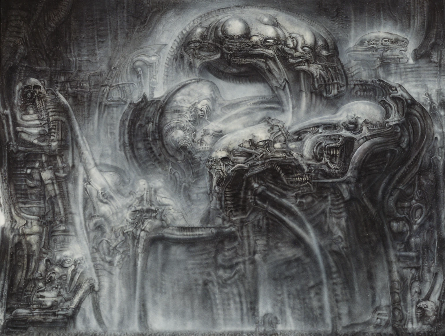 The image is a detailed view of H.R. Giger's biomechanical tableau \" Landscape XVI \" plate, featuring.
(airbrush painting, Giger's alien in front of broken alien ship in landscape, natural light, sharp focus, illustration, highly detailed, digital painting, concept art, matte, art by gric and kozhanov and moebius and Alphonse Mucha, masterpiece, HDR ,UHD , uplight, in HRGigerArhP style);1.
surrealistic painting of a monster with multiple tentacles and a body that looks like a brain, surrounded by a chaotic scene of swirling clouds and other monsters
It's a complex network of bones and organs in eldritch color scheme:a greenish-brown hue ,swirling gery and brown colors. The artwork is silverish and green brown, with an ivory bones prominently displayed. The image is highly detailed and intricate, almost like a 3d version of a medical sketchwork.
The piece is a tableau, most likely created with a India ink pen or pencil on paper, determined by the thin lines, shading techniques, and the texture of the paper, which is visible around the edges.
Used is pen, given the shading and variations in line weight visible in the image. Artist have used a variety of stylus with different degrees of hardness to achieve the shading effects.
The use of undersaturated green-grays dark contrasts creates a stark and graphic look. Is used a variety of linework techniques to create different textures. Fine, parallel lines create a smooth, metallic texture,while thicker, more cursive lines suggest cables or wires.
Light source from the top highlights skeletals, pper part of foreground, lower part of image is in shadowupper part of foreground, lower part of image is in shadow.
The art performance showcases the artist’s skills in observation and rendering. The level of detail in the piece suggests a close study of real bone specimens and mechanics. The artist has skillfully used shading techniques to create a convincing illusion of three-dimensionality on a flat surface. The wrinkles