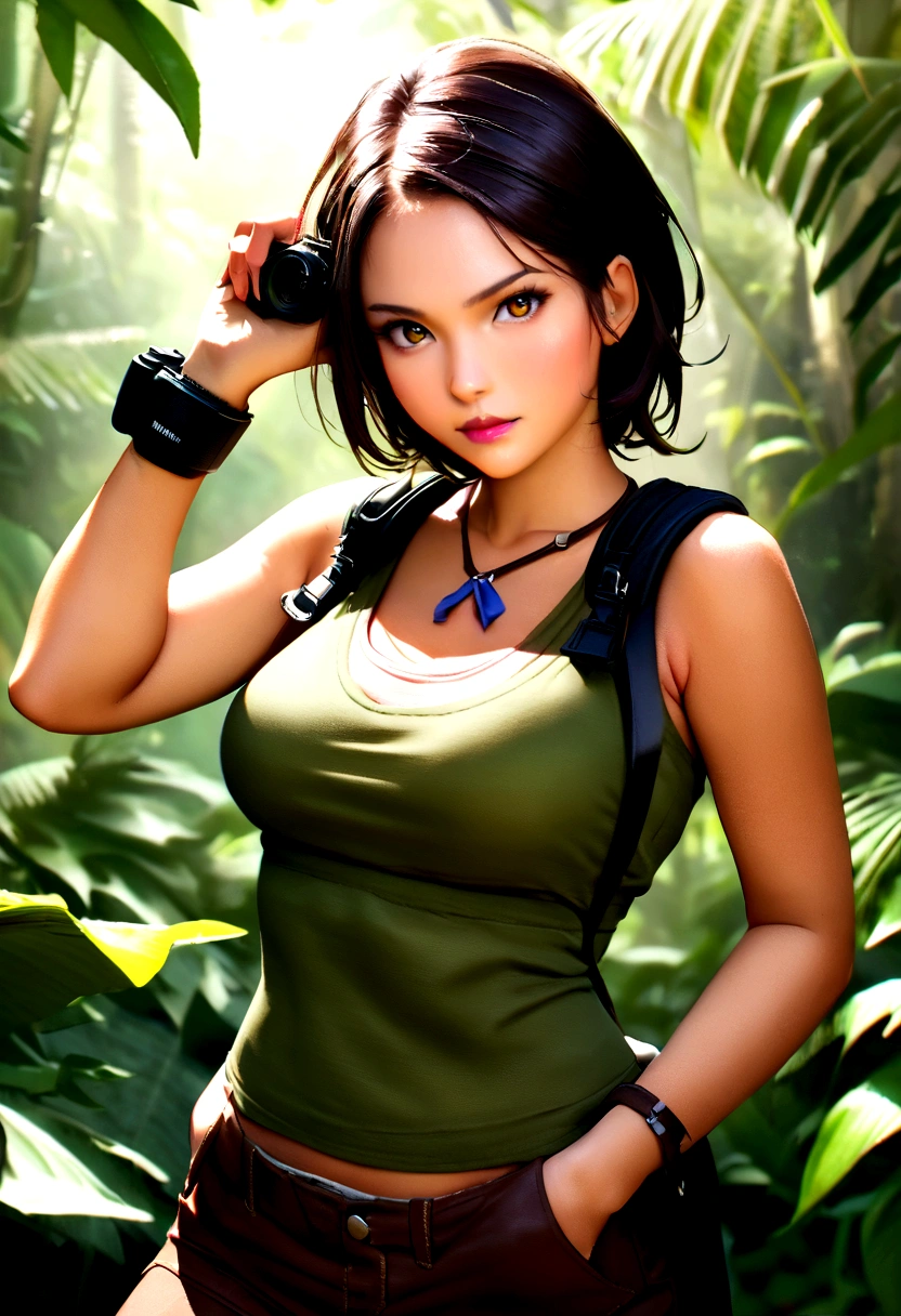 medium shot, foto de skswoman, Hands in pockets pose, usando cosplay de lara croft, in jungle, looking sore, (Look to viewer:1.0) (texture skin), Fujifilm XT3, dslr, 50mm,
