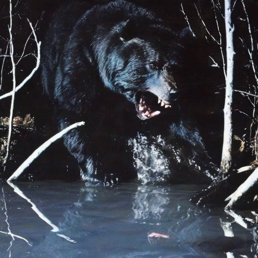 giant horror bear in water, red winter forest background