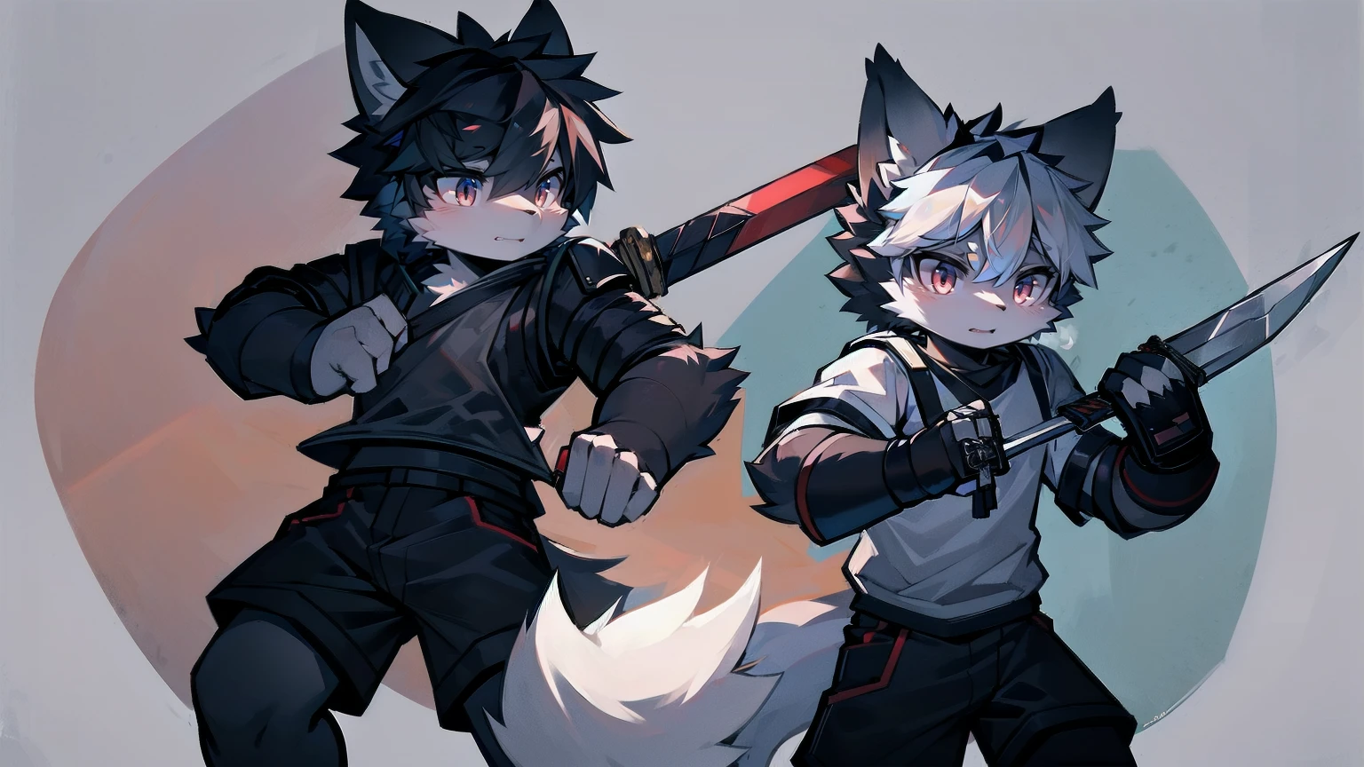 White Wolf，Black Hair，Red Eyes，Wolf ears，Wolf tail，juvenile，male，hairy，hair，Half-body armor，Combat uniform，Silver and black clothes，Handsome，Handsome，shorts，Forearm exposed，leg，Fighting Stance，duel，Two people，anxious，Holding a sword，Simple background，sword