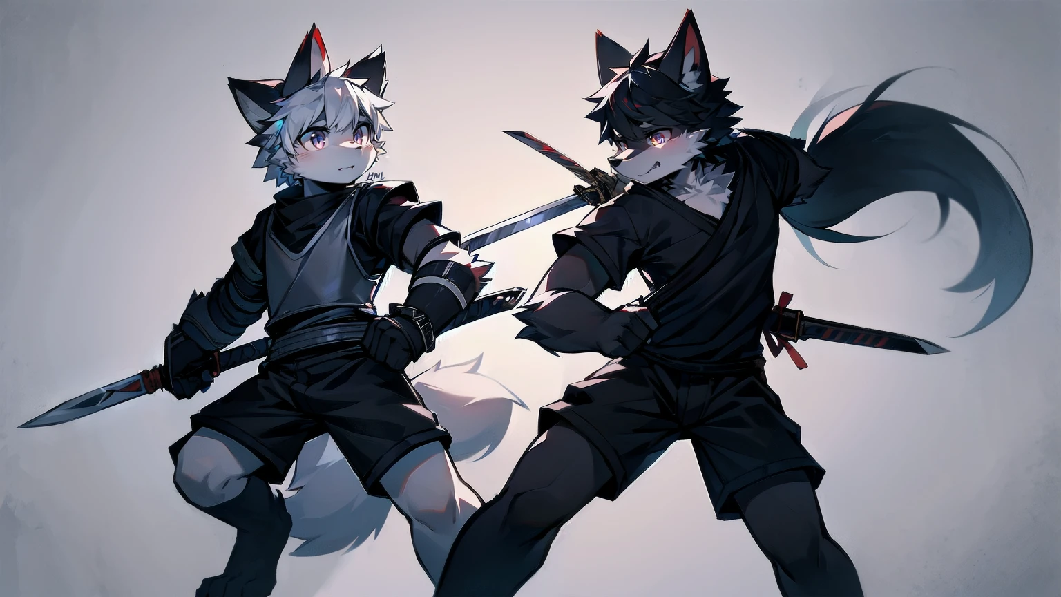White Wolf,Black Hair,Red Eyes,Wolf ears,Wolf tail,juvenile,male,hairy,hair,Half-body armor,Combat uniform,Silver and black clothes,Handsome,Handsome,shorts,Forearm exposed,leg,Fighting Stance,duel,Two people,anxious,Holding a sword,Simple background,sword