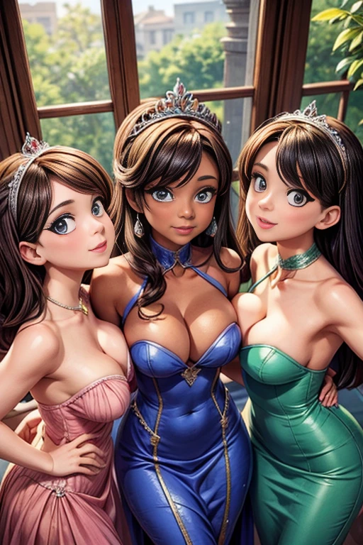 Three women, in colorful formal evening gowns posing in front of a window, selfie, massive breasts, random hair styles, elegant makeup, tiara, white gloves, dainty, beautiful, perfect skin, 8k resolution, perfect lighting, perfect face, perfect shading, extreme detail, cocktail dress, shining, from above, group hug, taking selfie with smartphone:1.5, (perfect anatomy:1.5), (perfect hands:1.5)