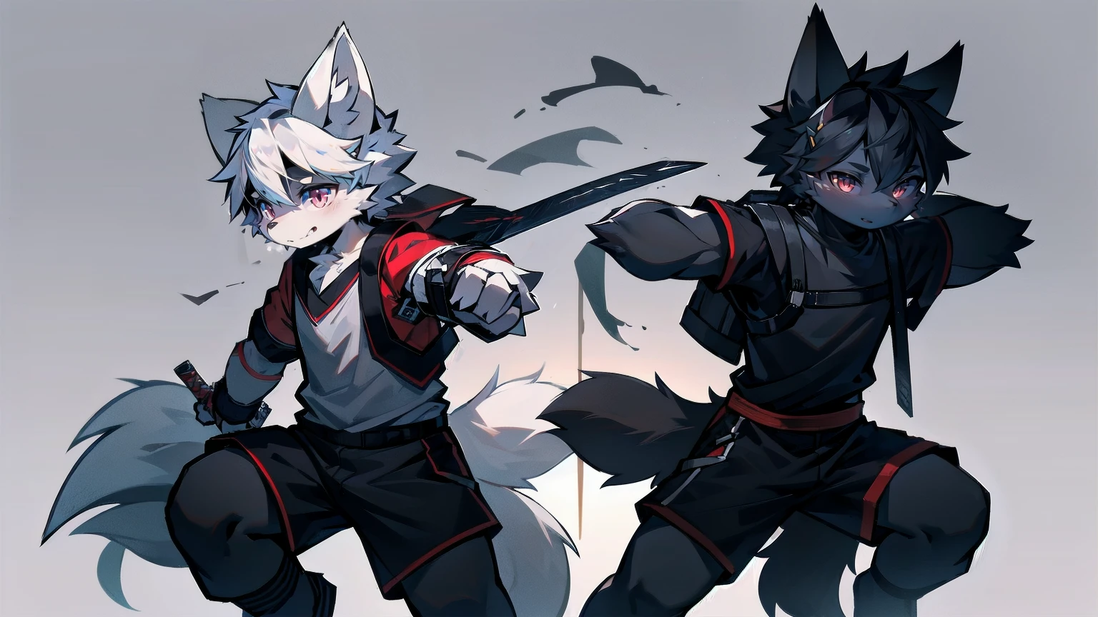 White Wolf,Black Hair,Red Eyes,Wolf ears,Wolf tail,juvenile,male,hairy,hair,Half-body armor,Combat uniform,Silver and black clothes,Handsome,Handsome,shorts,Forearm exposed,leg,Fighting Stance,duel,Two people,anxious,Holding a sword,Simple background,sword