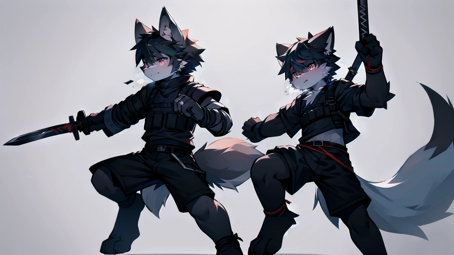White Wolf,Black Hair,Red Eyes,Wolf ears,Wolf tail,juvenile,male,hairy,hair,Half-body armor,Combat uniform,Silver and black clothes,Handsome,Handsome,shorts,Forearm exposed,leg,Fighting Stance,duel,Two people,anxious,Holding a sword,Simple background,sword