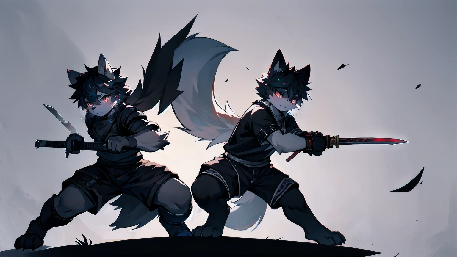White Wolf,Black Hair,Red Eyes,Wolf ears,Wolf tail,juvenile,male,hairy,hair,Half-body armor,Combat uniform,Silver and black clothes,Handsome,Handsome,shorts,Forearm exposed,leg,Fighting Stance,duel,Two people,anxious,Holding a sword,Simple background,sword