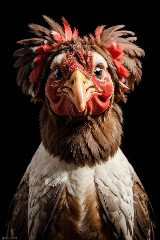 ((Best Quality)), ((Masterpiece)), (detailed), a happy smiling chicken looking to the right with funny eyes, with red feathers on the head, on a black background