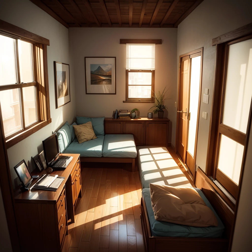 A medium size room with two large windows, one on the front amd one on the left. There is a bed on the right close to a wordrobe and a door to the bathroom. A study table and a sofa, (best quality, 4k, 8k, high resolution, masterpiece: 1.2), ultra-detailed texture (realistic, photorealistic, photorealistic :1.37) : additional details of the illustration: sunlight coming through the window, vintage color tone: warm and earthy: soft natural light