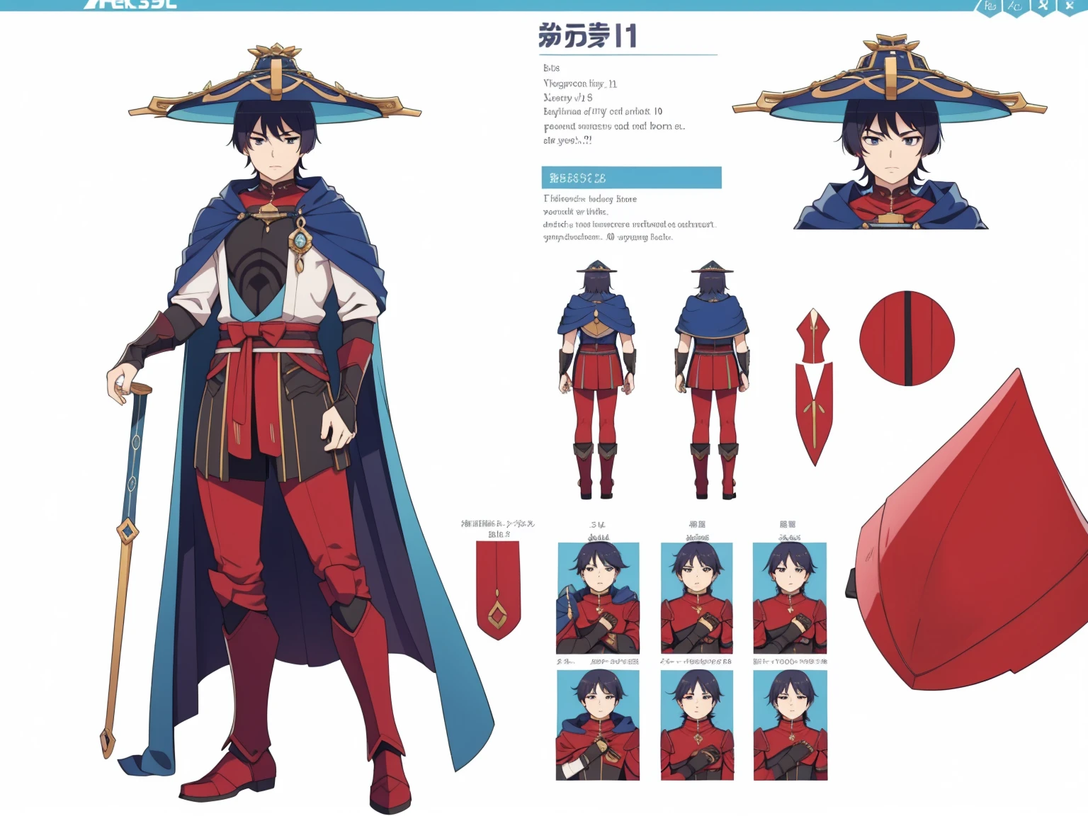 (Back cape)Big hat, Cape, (shiny red Metal armor1.0), Body armor, shoulder pads (shiny red armor:1.0)Sfw, (Wanderer:1.0)Thin, fit, 1boy, solo, male focus, looking at viewer, upper body, hair, realistic, hat, default clothing, wanderer clothing, (character design sheet, full body, front, side, back), Illustration, environment change, pose (simple background, white background: 1.0)