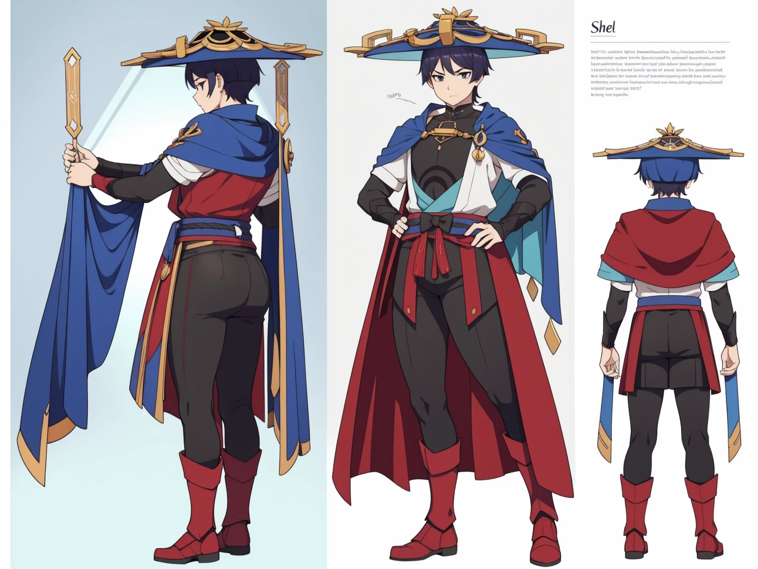 (Back cape)Big hat, Cape, (shiny red Metal armor1.0), Body armor, shoulder pads (shiny red armor:1.0)Sfw, (Wanderer:1.0)Thin, fit, 1boy, solo, male focus, looking at viewer, upper body, hair, realistic, hat, default clothing, wanderer clothing, (character design sheet, full body, front, side, back), Illustration, environment change, pose (simple background, white background: 1.0)