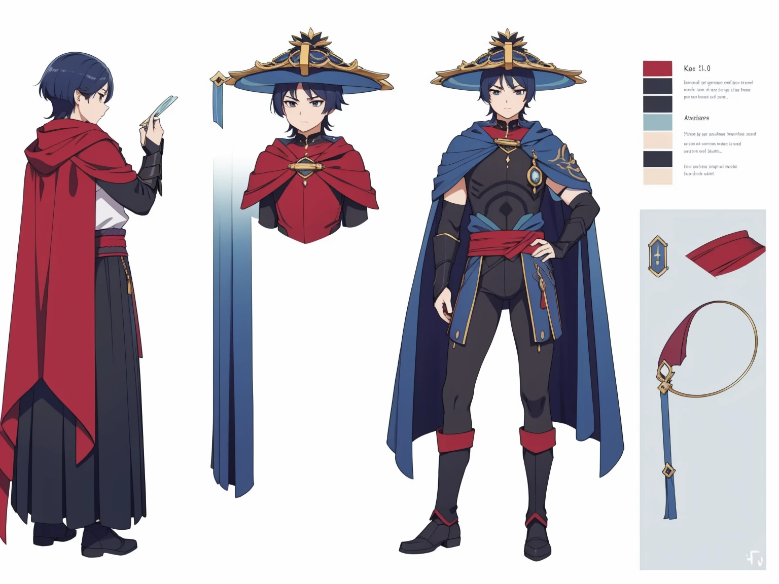 (Back cape)Big hat, Cape, (shiny red Metal armor1.0), Body armor, shoulder pads (shiny red armor:1.0)Sfw, (Wanderer:1.0)Thin, fit, 1boy, solo, male focus, looking at viewer, upper body,  hair, realistic, hat, default clothing, wanderer clothing, (character design sheet, full body, front, side, back), Illustration, environment change, pose (simple background, white background: 1.0)