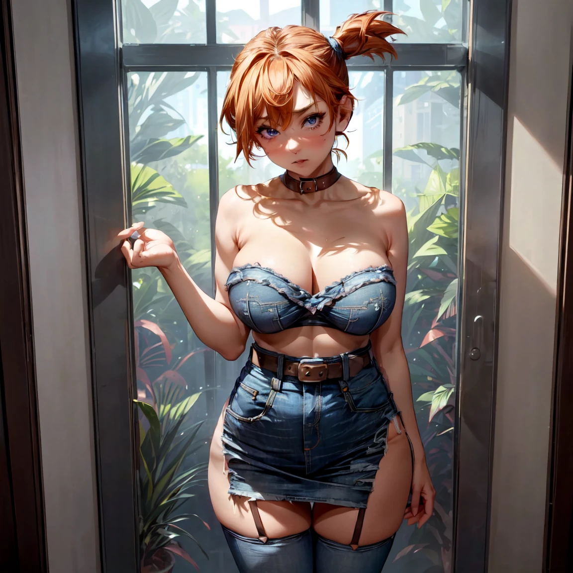 masterpiece, 4k, 8k, ultrarealistic, highres , (1girl, solo:1.6), warm light casting shadows, realistic light, beautifully detailed, sunlight on breasts,bedroom, window,(standing, looking at viewer, bent over:1.5),(huge bust, mole on breast, thick thighs, wide hips, slim waist, saggy breasts, perfect anatomy:1.2),(graphic shirt, loose shirt, v neck, sleeveless, strapless, thigh highs, high waisted denim skirt, garter, tucked in shirt, belt:1.3),breast implants, fake tits, unaligned breasts, perfectly round breasts,misty pokemon, short hair, orange hair, blue eyes, braid in hair, ponytail, braided hair,