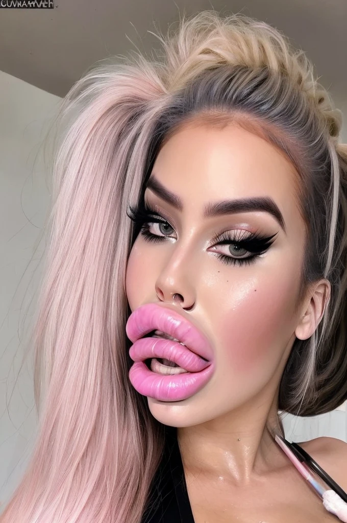 extremely detailed, high quality, realistic, photorealistic, 8k, masterpiece, shaved hair, beautiful face, huge eyelashes, pink lipgloss, sweaty, cumshot, cum on face, open mouth, hyper big plastic mouth, bimbo face, cumshot, drooling, saliva, squirt, Large plump Bimbo lips, face pov, face only
