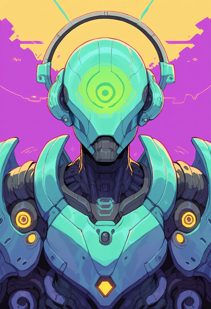 mystical indian robotic face seen from the front, futuristic and geometric technology backdrop, spirit, dmr, md, mdma, intergalactic thc, other planets and mirror effects, colors, purple, green, blue and orange. electronic album cover