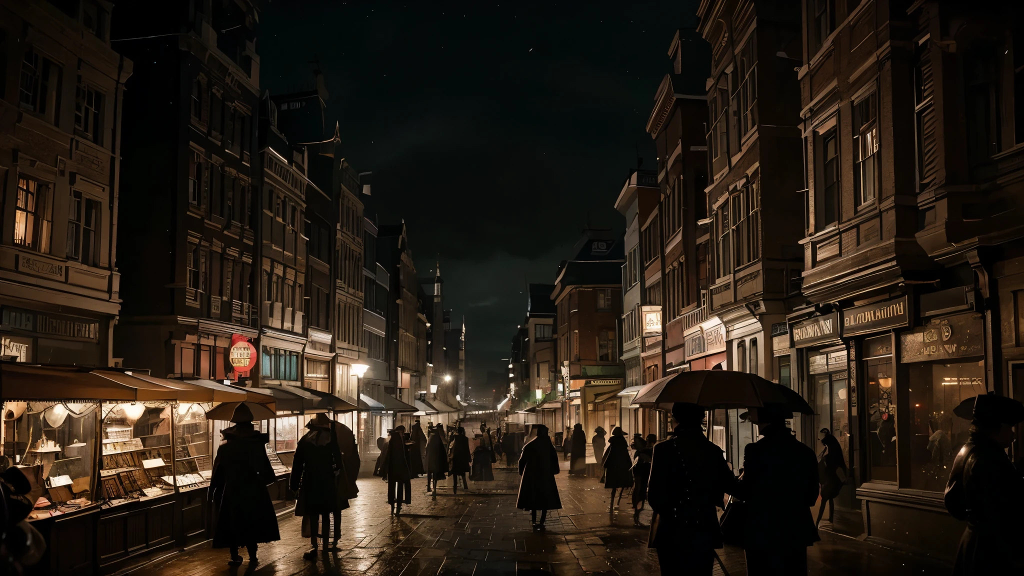 (located dramatically on victorian era in london, year 1840) slum night market flea with dramatic red lantern lights source) element detail with rustic background, dark, night scene, no-light, shade, shadow, storm night cinematic, detail environtment scenery, people interact on that market, little rain situation, people are wearing umbrellas format beauty, shades, desaturate, ultra HD, taken with Fujifilm XF 56mm f/1.2 R Lens. long exposure, HDR10 8K