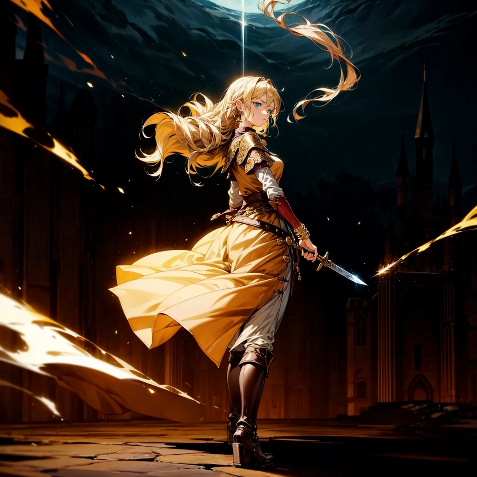 1girl, Full body version, 1character, adult version, blue eyes color, long Curly haircut, blonde colour hair, Gold earrings, gold bracelets, medieval style clothing, black armor, long boots, knife Assassin in hand Grassroots, background in castle square, motion blur, standing gesture, smoke effect, lighting, lighting gold, plasma effect, aura effect, (attack on Titan style art) 