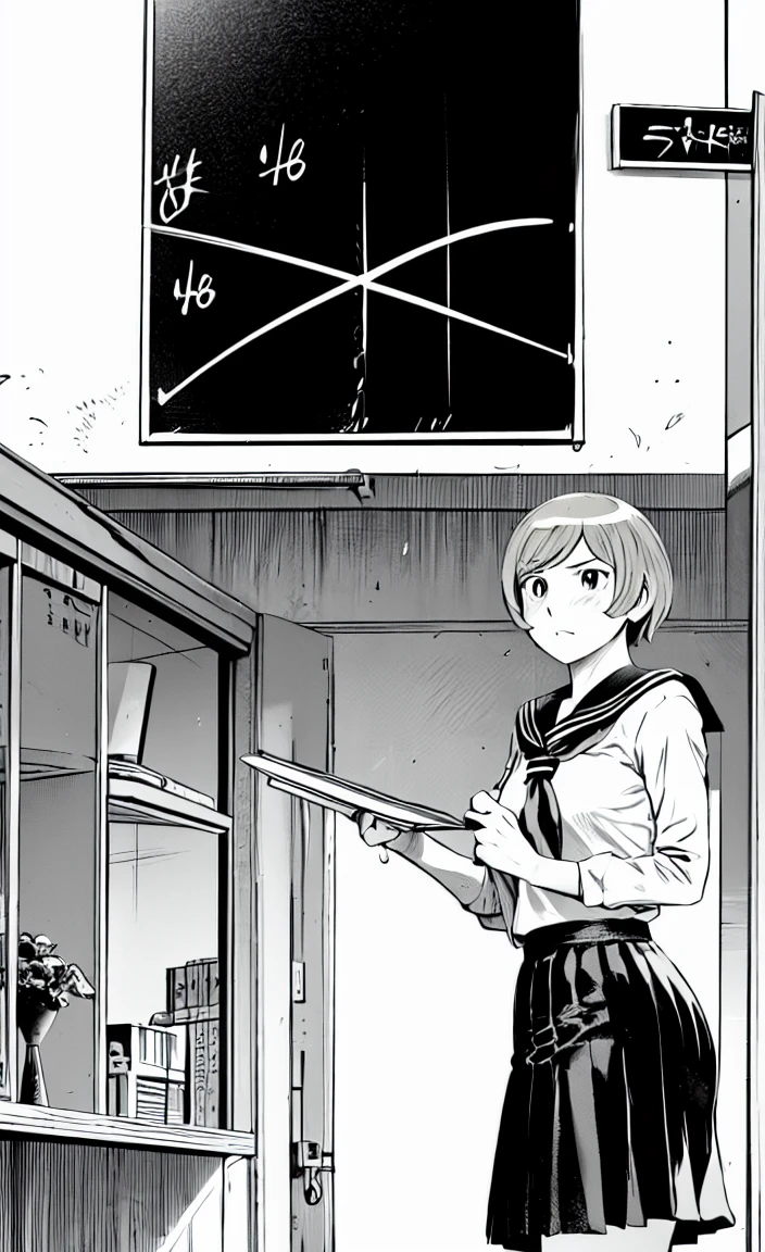 、(masterpiece、highest quality)、highest quality, Ultra-high resolution, (((masterpiece))), alone, Sweat、Big eyes, Composition from the front、Shortcuts、Embarrassed face、Blonde Hair、Cut the back hair short、Monochrome、Pencil drawing、School classroom、Sailor suit、uniform、skirt、short hair