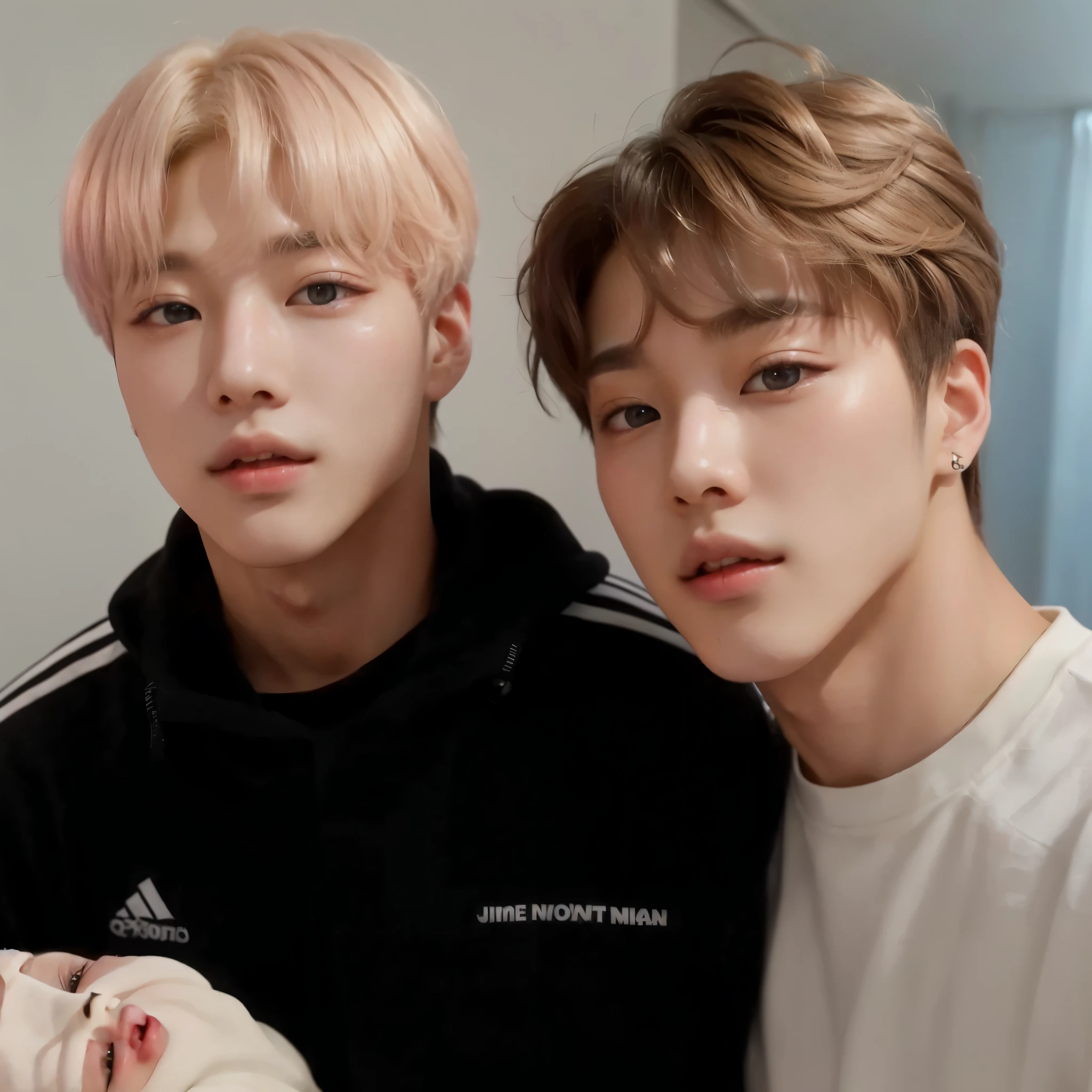 two young people pose for a photo with a , Jimin\the right eyelid is swollen, Jimin\the full lips, Jimin, They are close to each other, Jimin\the Greek nose, BTS, Tae June Kim, 15:00, JK, accurate Jimin face, all from the group nct, hyung tae, park Jimin, they are brothers