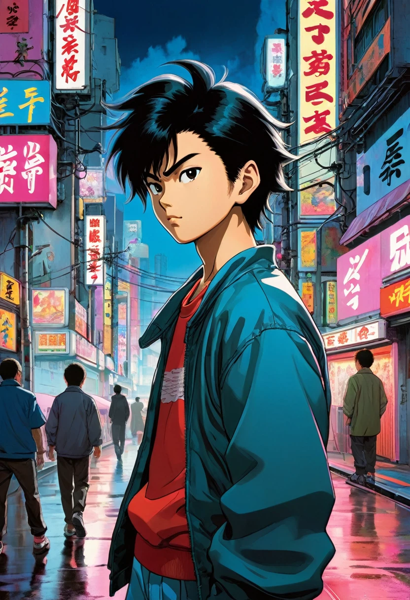 Subject: Japanese boy
Description: Youthful, vibrant, with mutton chop beards accentuating cheekbones. Spiked hair with a mullet and long sides, exuding a rebellious energy.

Environment: A colorful urban backdrop with neon signs, bustling streets, and futuristic elements, reminiscent of 80s Tokyo.

Mood/Feelings: A mix of nostalgia and excitement. The atmosphere is lively, energetic, and filled with a sense of adventure.

Artistic Medium/Techniques: Vibrant colors, high contrast, and bold linework. Playful use of exaggerated proportions and dynamic poses.

Artists/Illustrators/Art Movements: Inspired by the works of Katsuhiro Otomo (creator of Akira), Hayao Miyazaki (Studio Ghibli), and the vibrant aesthetics of 80s anime.