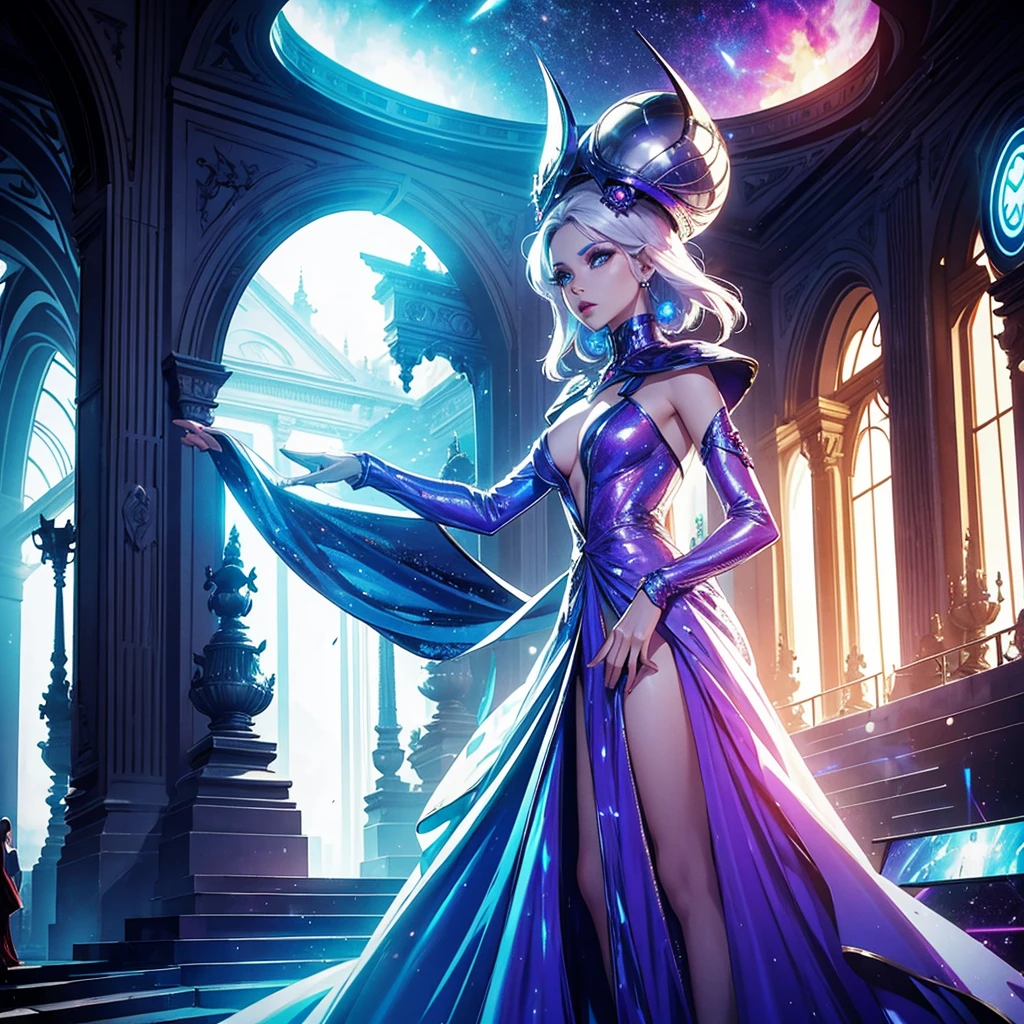 Female alien disco diva, wearing couture architectural dress inspired by galactic concept at the Metropolitan gala, fashion statement, gala entrance, photography.
