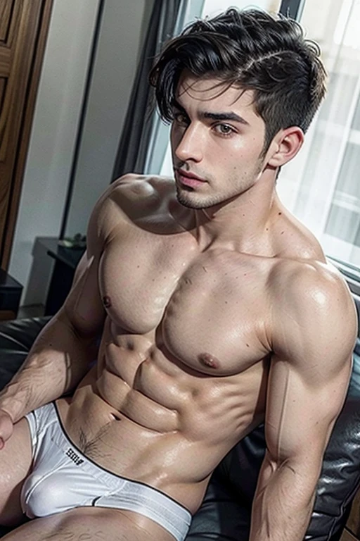 Muscular Spanish guy YouTuber Sergio hairstyle in white underwear