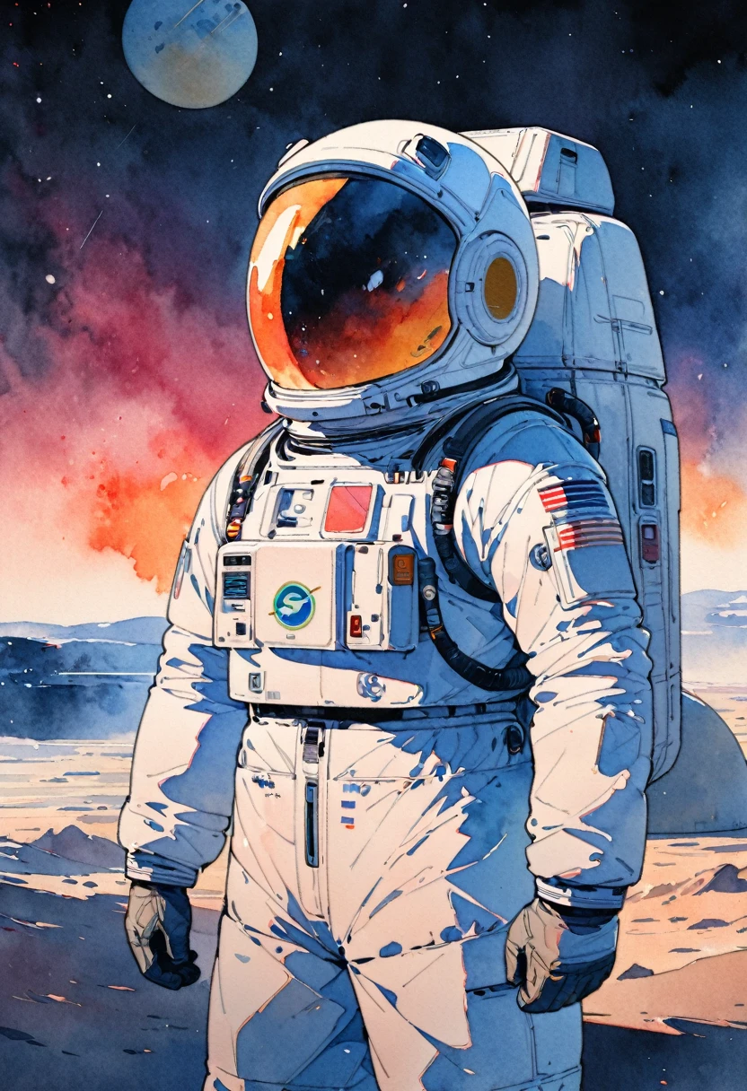 (a masterpiece),(top quality),(Super detailed),(high resolution),((Line art)),((watercolor)),8K,wallpaper, an astronaut in the style of films of the 90s, standing near a space rover, hand under the visor, looking into the distance, (In the background is the sandy planet Mars.),movie poster style