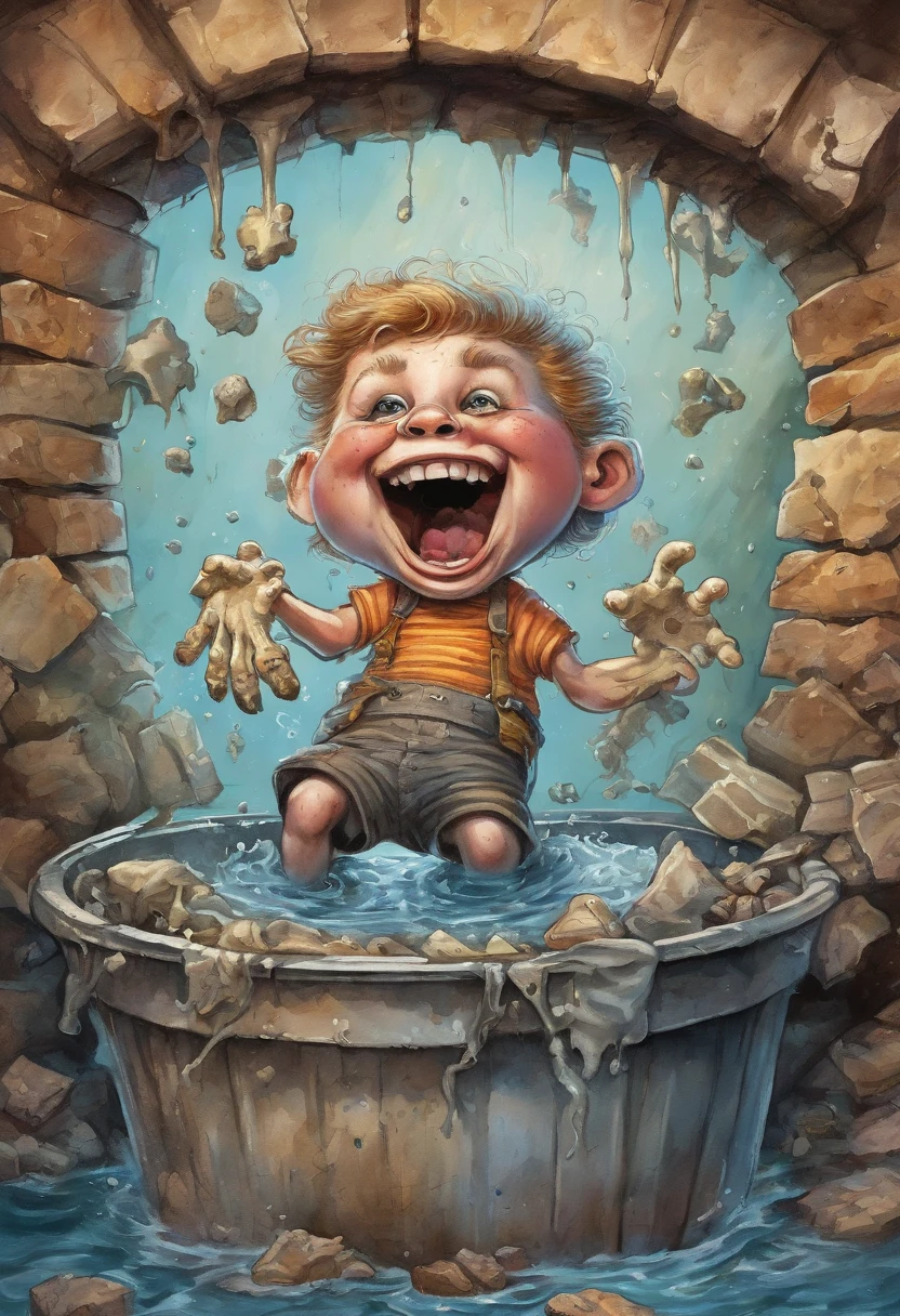 ((kid falling into vat of acid with bones floating in it, garbage pail kids style)), under water, 3d cartoon, high quality, detailed,