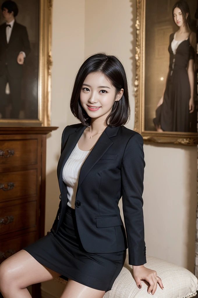 Pure young Japanese girl, wearing dark colors style suits and skirts, vivid makeup, natural black hair styles, sitting in antique in style rooms, sweet smile, sexual attractive, professional portrait photography, midnight, 