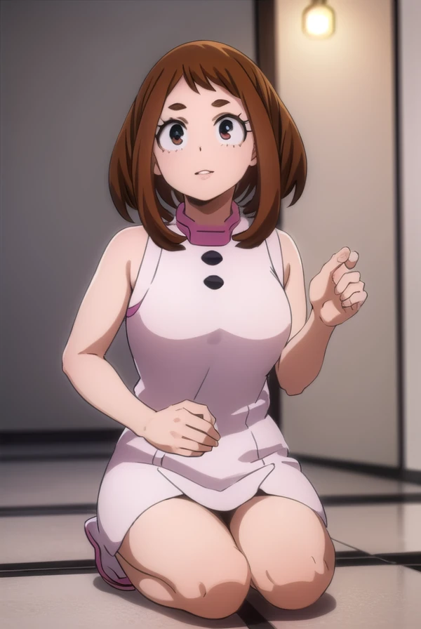 ochakouraraka, ochako uraraka, (uraraka ochako:1.5),brown eyes ,smiling girl with brown eyes and brown hair, wearing a white dress with bare shoulders, laying in a room with a tiled floor and panoramic view, looking directly at the viewer, (best quality, 4k, 8k, highres, masterpiece:1.2), ultra-detailed, (realistic, photorealistic, photo-realistic:1.37), HDR, UHD, studio lighting, ultra-fine painting, sharp focus, physically-based rendering, extreme detail description, professional, vivid colors, bokeh, (beautiful detailed eyes:1.6), extremely detailed face, perfect lighting, extremely detailed CG, (perfect hands, perfect anatomy), (illustration:0.8), (beautiful detailed lips:1.5), longeyelashes,full body 