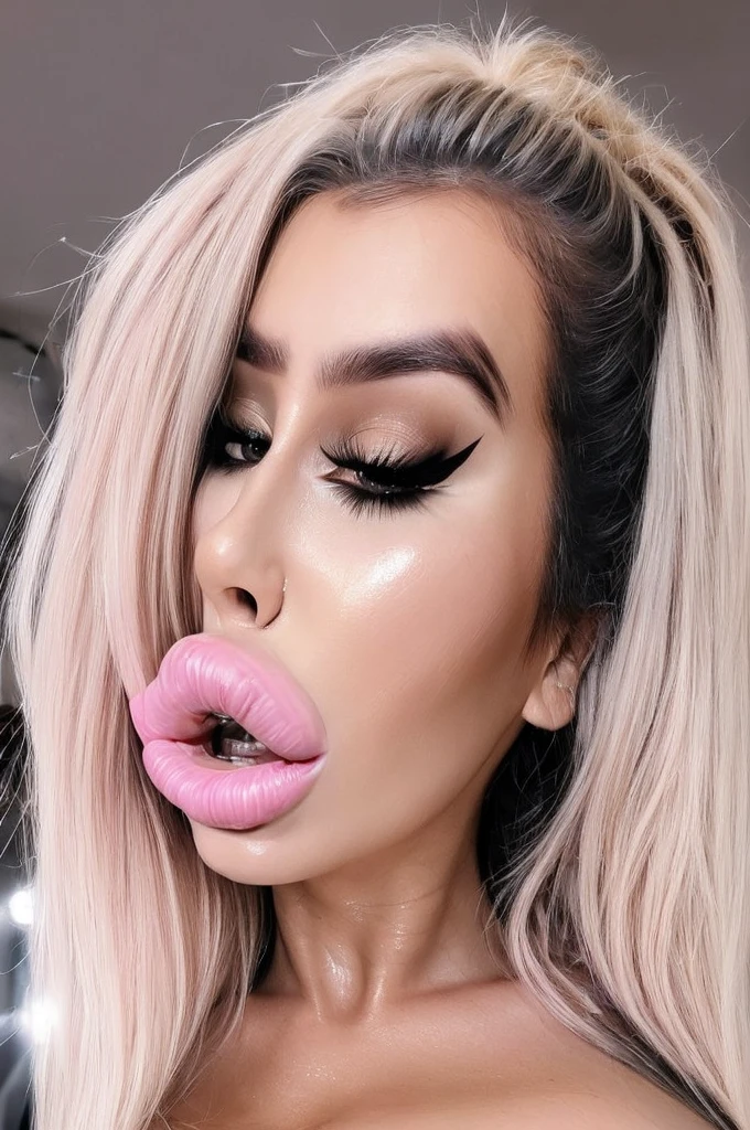 extremely detailed, high quality, realistic, photorealistic, 8k, masterpiece, shaved hair, beautiful face, huge eyelashes, pink lipgloss, sweaty, cumshot, cum on face, open mouth, hyper big plastic mouth, bimbo face, cumshot, drooling, saliva, squirt, Large plump Bimbo lips, face pov, face only, one face, ONLY ONE FACE
