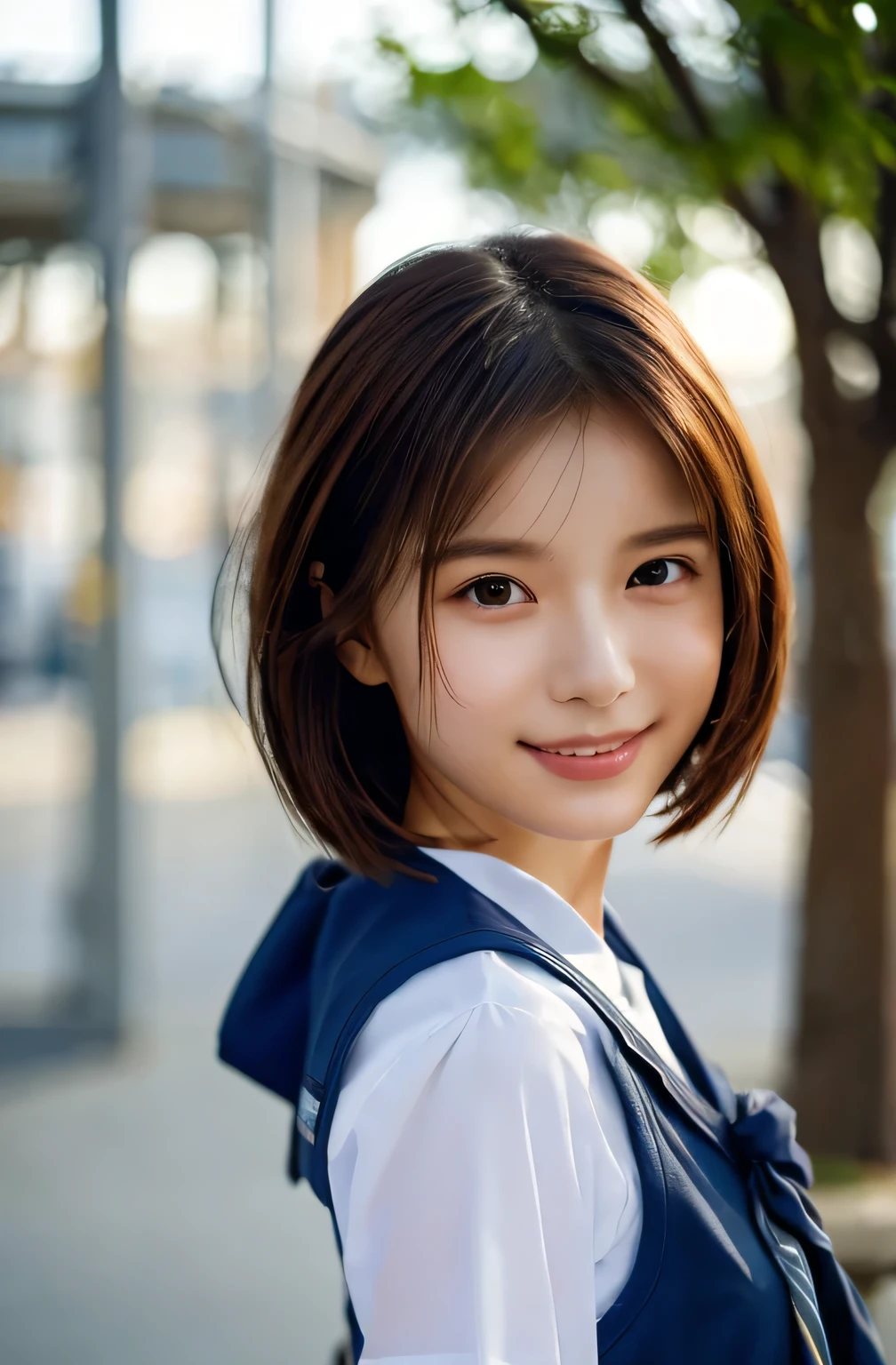 Top quality, (wind:1.3), 1 beautiful woman, Sunlight, ((masterpiece, Highest quality, High resolution)), (look back:1.3), 1 girl, smile, (Realistic: 1.4), Great face, 15 years old, Short Hair, (Beautiful Hair:1.5), Sailor suit, The background is a school building, Side angle, (Close-up of face:1.3), Smooth, Highly detailed CG composite 8K wallpaper, High resolution RAW color photos, Professional photography, Light, BackLight, dream-like, impressive, Written boundary depth