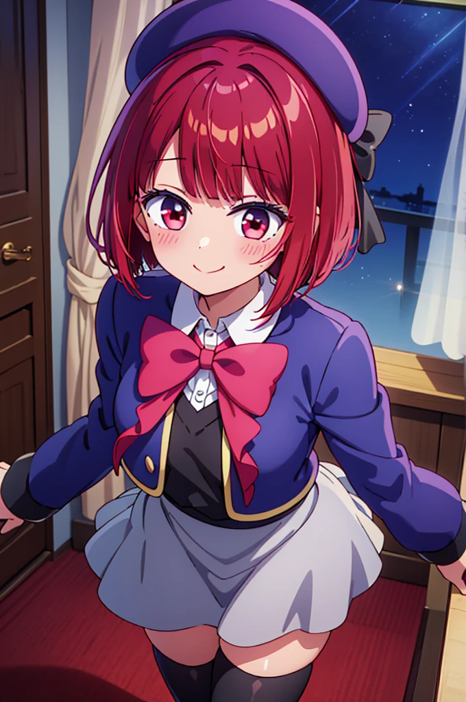 ((masterpiece)), ((best quality)), (ultra-detailed), ((kawaii)), cute, (lovely),(gleaming skin),from directly above,looking up at viewer, very close to viewers, view straight on, light blush, ((seductive smile)), arima kana,aakana,red hair, short hair, beret, red eyes, blue headwear, red bowtie, collared shirt, blue jacket, open jacket, long sleeves, grey skirt,black thigh high socks,night,hotel room