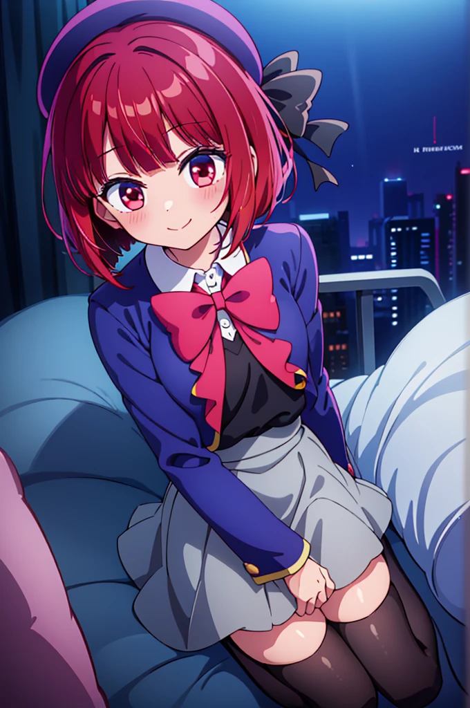 ((masterpiece)), ((best quality)), (ultra-detailed), ((kawaii)), cute, (lovely),(gleaming skin),from directly above,looking up at viewer, very close to viewers, view straight on, light blush, ((seductive smile)), arima kana,aakana,red hair,  short hair, beret, red eyes, blue headwear, red bowtie, collared shirt, blue jacket, open jacket, long sleeves, grey skirt,black thigh high socks,night,hotel room