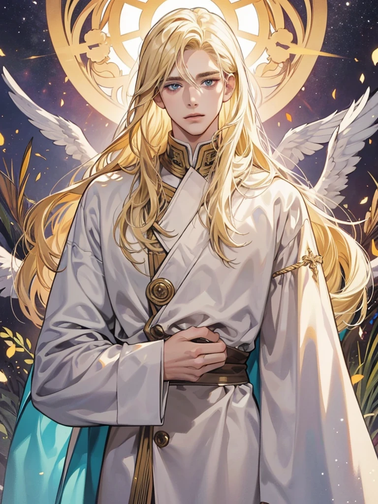 Detailed face of a 25 year old man, Full length blond, blonde hair, long hair, heavenly eyes handsome, tall and muscular boy, wears a white priest's robe, beautiful, ((in sacred attire)), gentle androgynous prince, white clothes, Male character design, In a black noble suit, full body character design