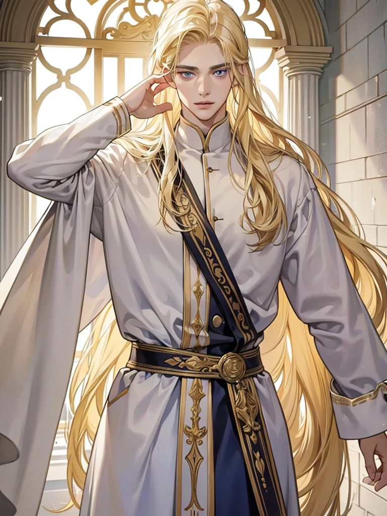 Detailed face of a 25 year old man, Full length blond, blonde hair, long hair, heavenly eyes handsome, tall and muscular boy, wears a white priest&#39;s robe, beautiful, ((in sacred attire)), gentle androgynous prince, white clothes, Male character design, In a black noble suit, full body character design