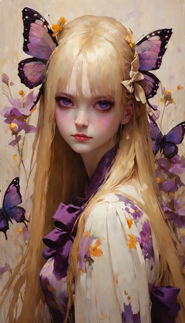 butterfly style, white hell, flower, floral print, butterfly, long hair, blonde hair, floral dress, bow, masterpiece, best quality, purple eyes, (art inspired by Bill Sienkiewicz). oil painting)