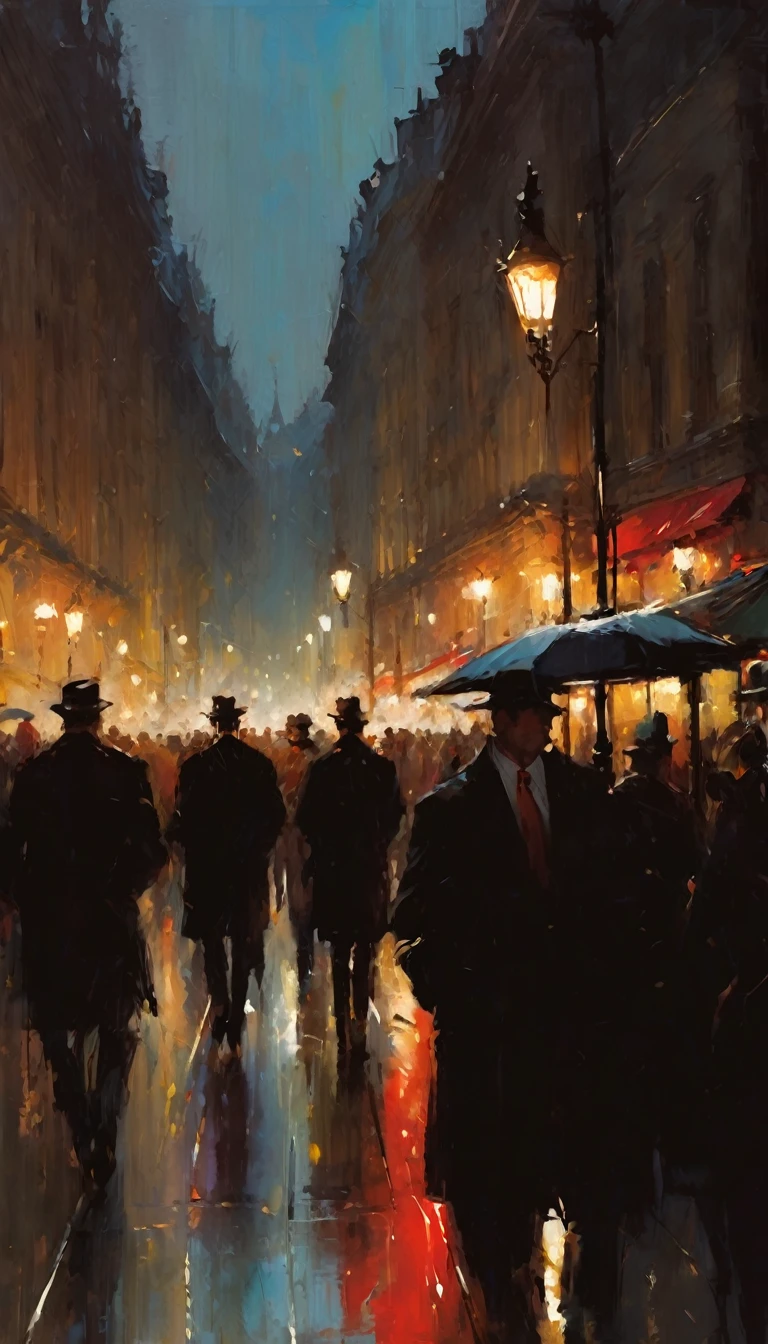 the bustling city, night, inspired in Brussels (art inspired by Bill Sienkiewicz). oil painting, details of brush strokes that enhance depth)