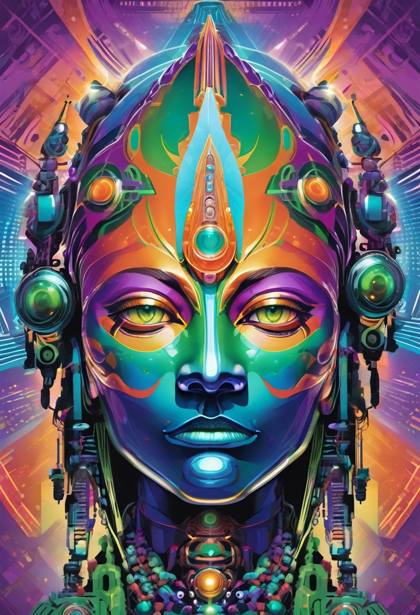 mystical indian robotic face seen from the front, futuristic and geometric technology backdrop, spirit, dmr, md, mdma, intergalactic thc, other planets and mirror effects, colors, purple, green, blue and orange. electronic album cover