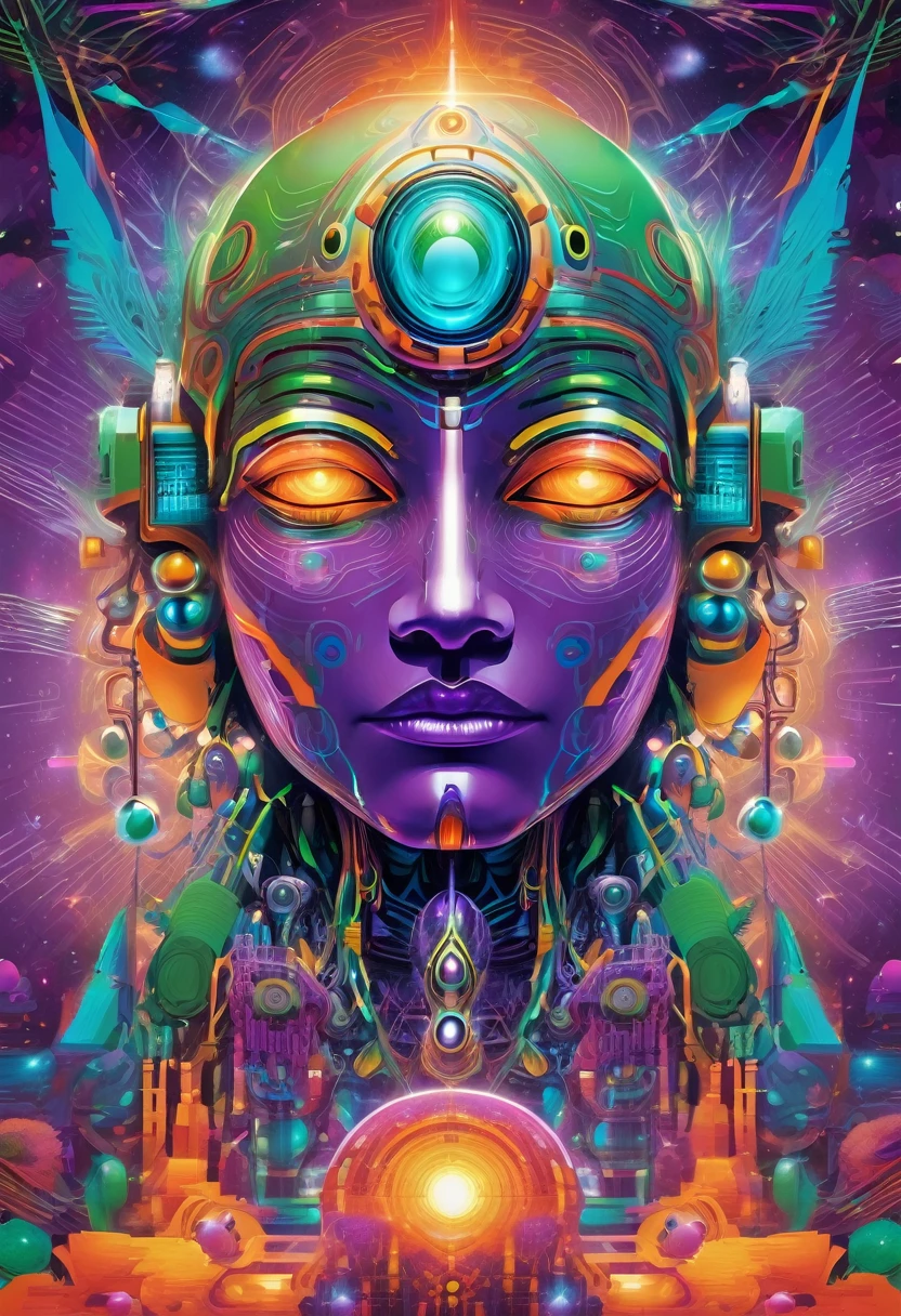 mystical indian robotic face seen from the front, futuristic and geometric technology backdrop, spirit, dmr, md, mdma, intergalactic thc, other planets and mirror effects, colors, purple, green, blue and orange. electronic album cover