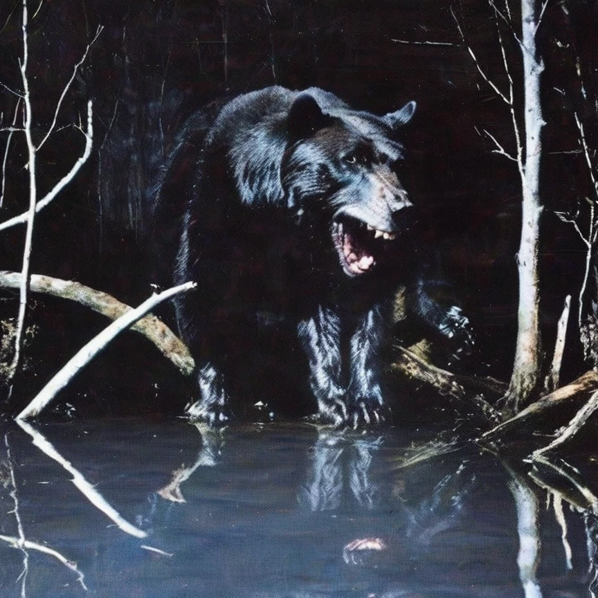 giant horror bear in water, red winter forest background