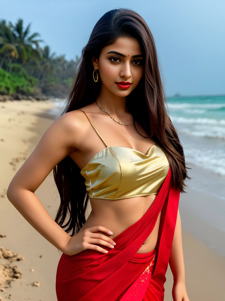 Ultra realistic cinematic soft light and ultra detailed red hour portrait, full body shot, actress rea chakraborty, 1girl in, age19, Solo, Long hair, Colossal , Looking at Viewer, black hair, Bare shoulders, Brown eyes, Full body, off shoulders, saree, Realistic, A sexy, 4K, max quality, small breasts, super sharp image, 8K, beautiful pose, playboy model, photo session, red lips, headshot, masterpiece, sex bomb, kashmiri, detailed body, Egyptian dress, chewing lips, highly detailed, seducing, seductive,face only, perfect lightening, white skin, good bright lightening, beach , dancing