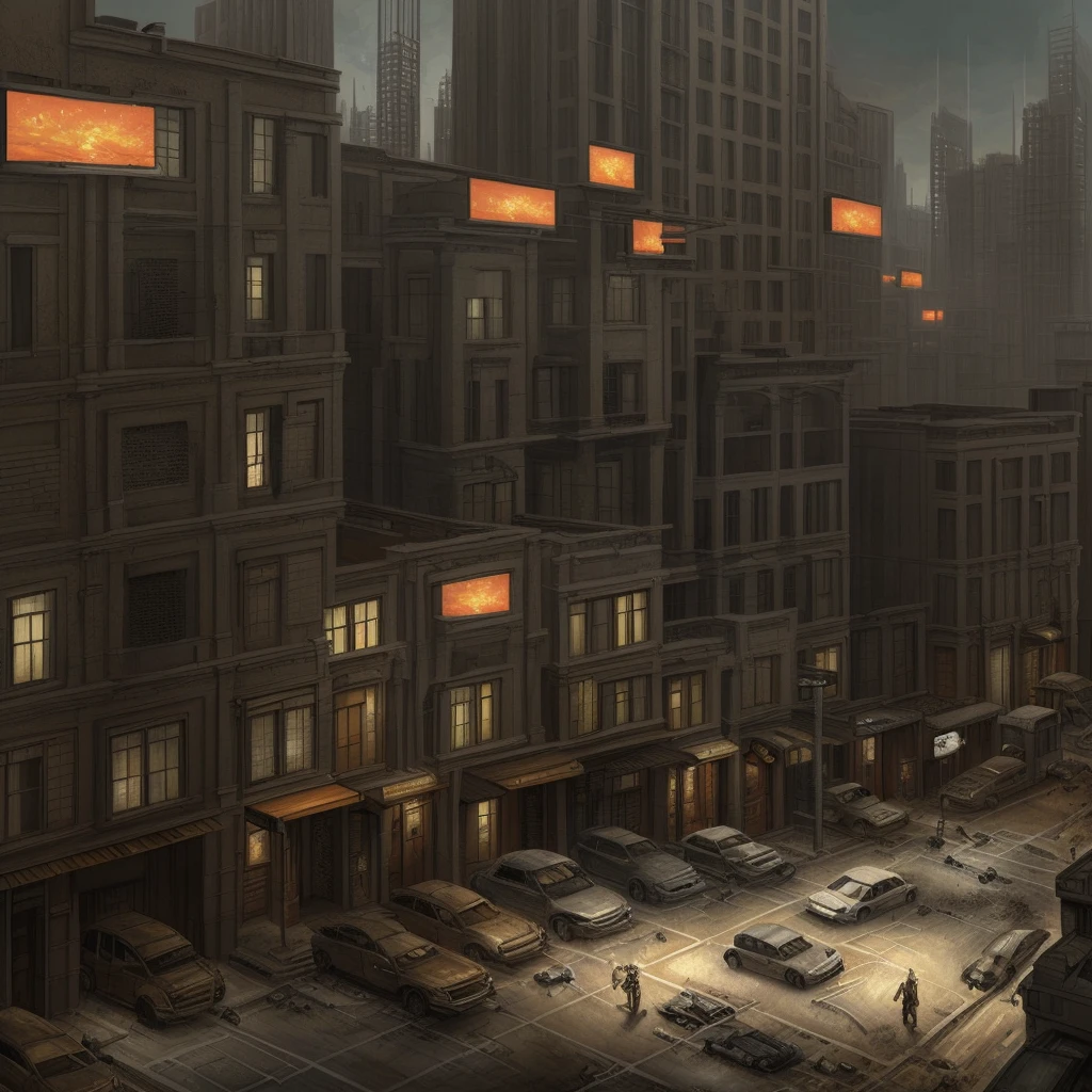 urban concept art, post-apocalyptic, very realistic concept art,hyperdetailed concept art, Post-apocalyptic neighborhood,Ultra-detailed concept art, very detailed concept art