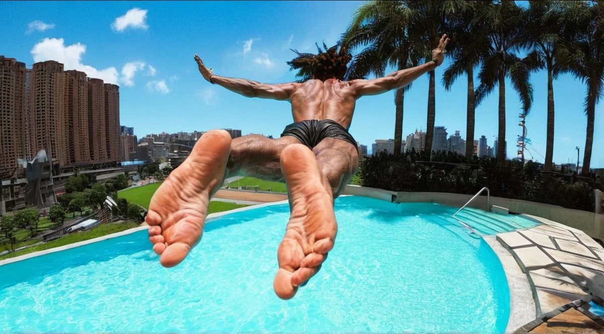 an action of Dhalsim from street fighter jumping from the highrise, black and orange color grading, hyper realism, 8k high definition, vibrant colors, sharp focus, insanely detailed