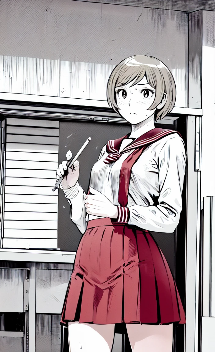 、(masterpiece、highest quality)、highest quality, Ultra-high resolution, (((masterpiece))), alone, Sweat、Big eyes, Composition from the front、Shortcuts、Embarrassed face、Blonde Hair、Cut the back hair short、Monochrome、Pencil drawing、School classroom、Sailor suit、uniform、skirt、short hair
