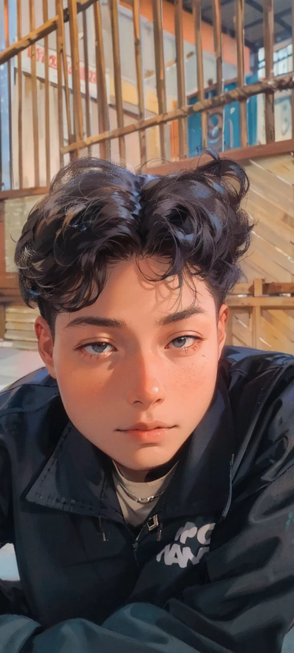 A young boy with，Wear a denim jacket，Wear sneakers，With a necklace，Wrist watch，Sit on a wooden bench on the side of the road，Look at the clouds in the sky，Pedestrians shuttling，Sunset and sunset，Close-up full body photo，Ultra-high definition