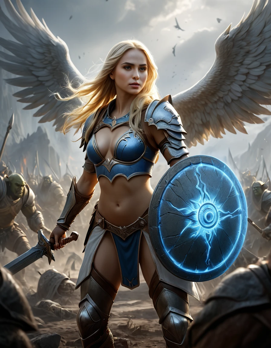 Masterpiece, 4k, Illustration of an angelic female warrior, beautiful woman, fighting an orc, long blonde hair, halo, blue and yellow armor, wings, standing on dead orcs, blood,