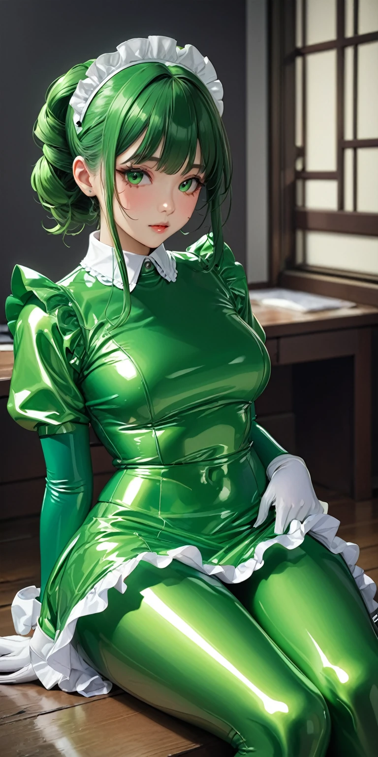 Portraiture、(masterpiece,Highest quality,Ultra-high resolution),Japanese women, (((Very beautiful 25 year old girl))),(Bright green latex maid outfit)、(Bright green latex long skirt)、(A long-sleeved bright green latex shirt covering the upper body)、Bright green latex gloves、Bright green latex socks、Bright green latex bodysuit、Frills、The clothes fit snugly to the body、Latex is very shiny、Dark Room、